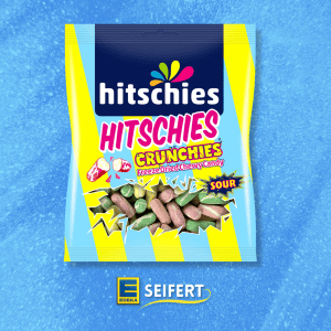 Bunte Hitschies Crunchies Sour Süßigkeiten in Verpackung, Nahaufnahme.