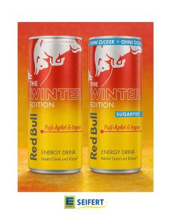 Red Bull Winter Edition 2025, zuckerfrei, mit Fuji-Apfel & Ingwer, energiereich.
