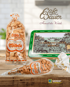 Frische Langenburger Wibele in Verpackung und auf Holzplatte, EDEKA Seifert.