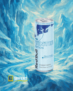 Red Bull Gletschereis Himbeere in eisiger Winterlandschaft.