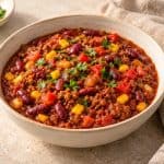 Chili con Carne mit Rinderhack, Kidneybohnen, Mais und Paprika in einer hellen Schale