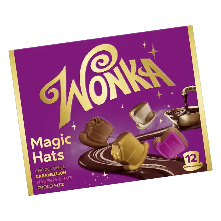 Wonka Magic Hats – Schachtel mit zwölf gefüllten Schokoladenpralinen