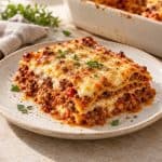 Lasagne mit sichtbaren Pasta- und Hackfleischschichten und goldbrauner Käsekruste auf einem hellen Teller