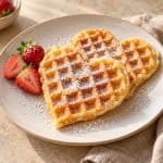 Goldbraune Waffeln mit Puderzucker und frischen Erdbeeren auf einem hellen Teller